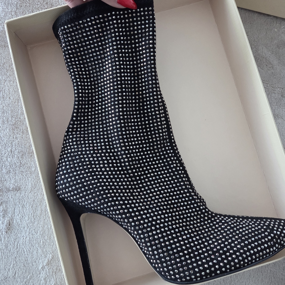 SCHUTZ Black Rhinestone Stretch Sock Bootie